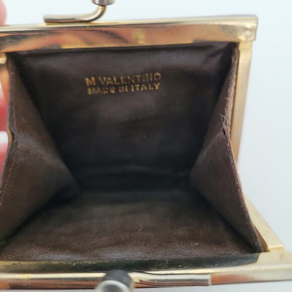 Valentino Vintage Kisslock Canvas Leather Coin Wallet Mini Small Purse Brown 2x2 - Picture 3 of 8